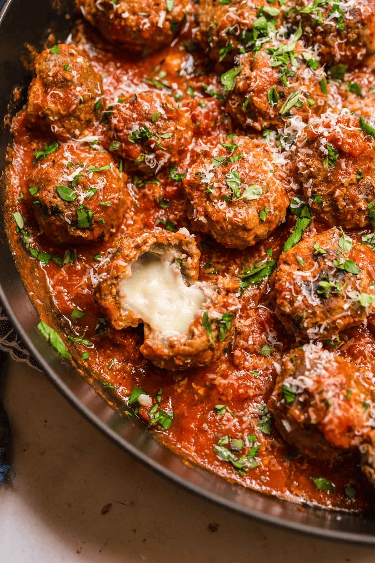 Full pan with cheese meatballs in sauce