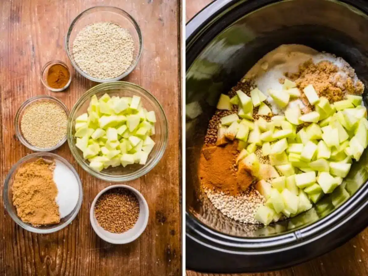 Side by side of ingredients in bows and in slow cooker