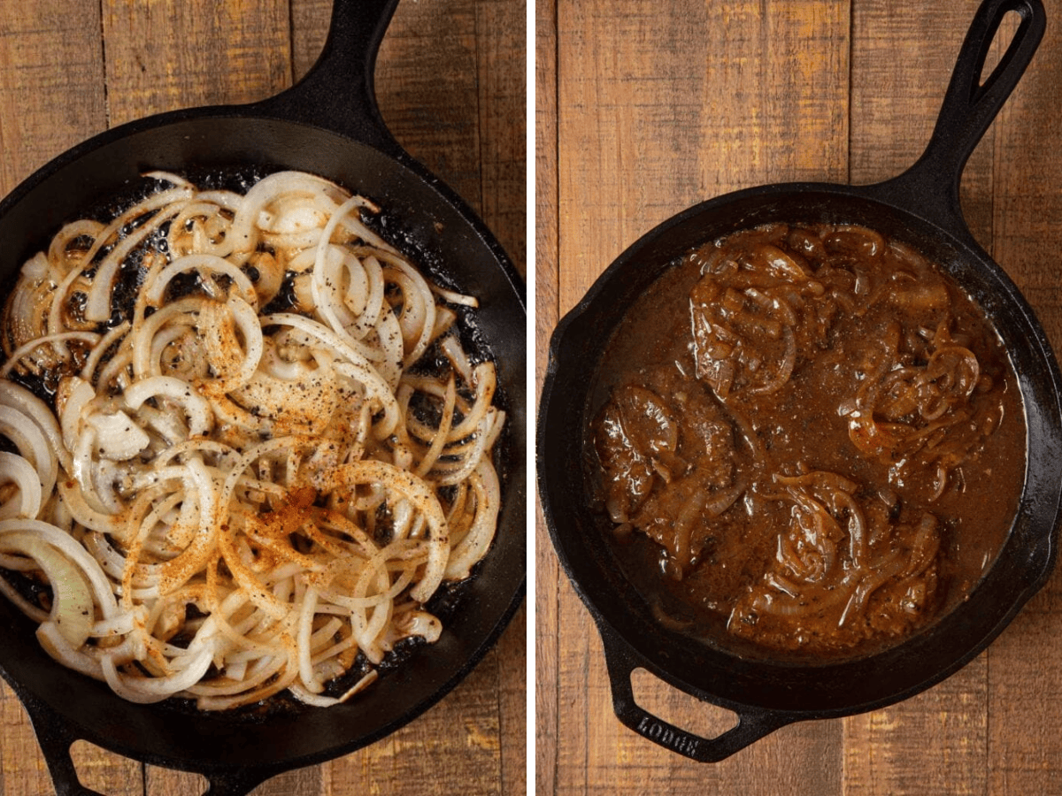 Collage of onions and gravy in pan