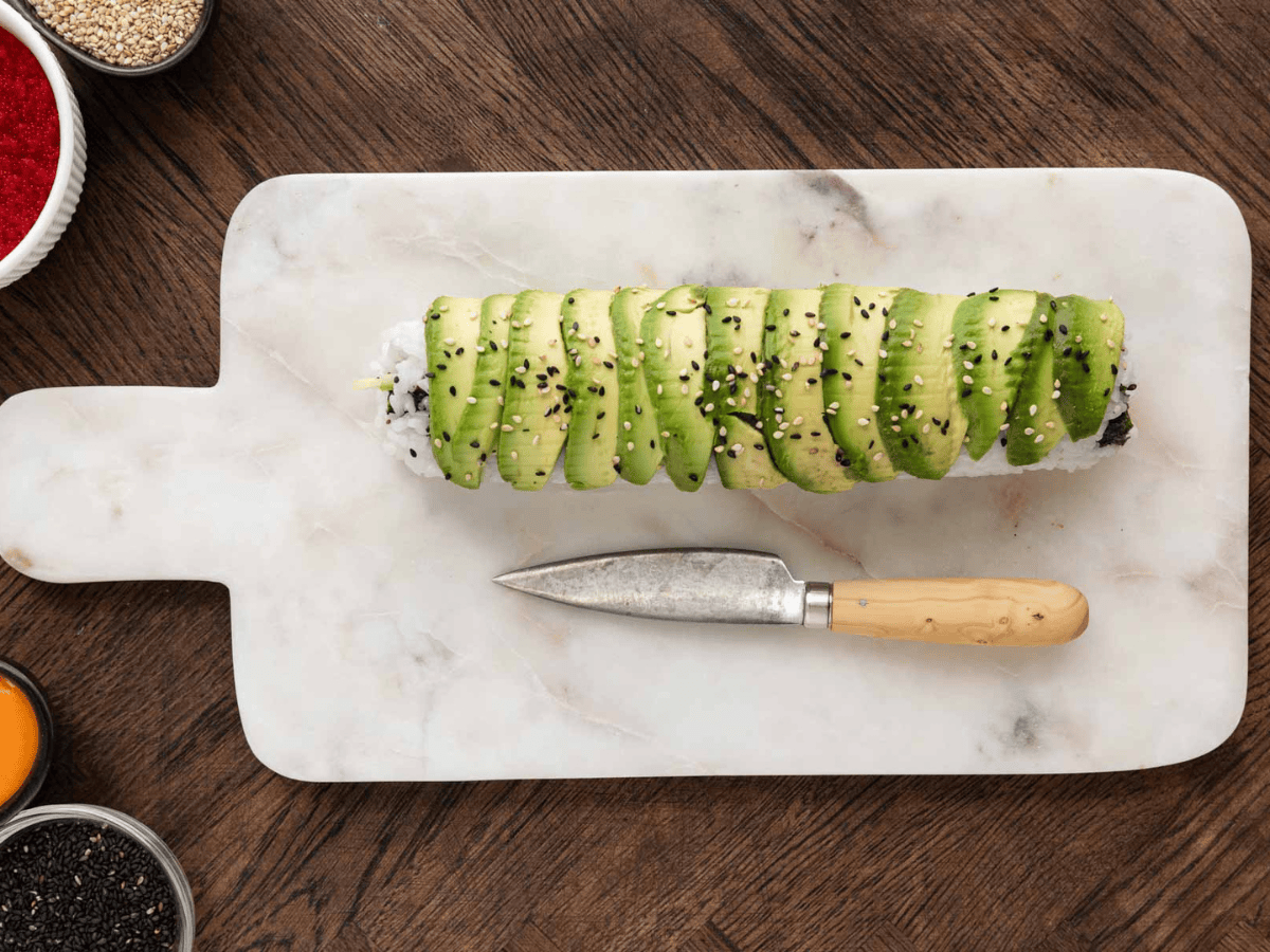 Top view of finished ingredients on a cutting board
