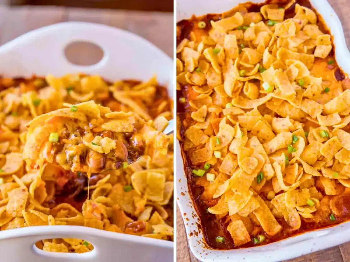 Collage of bean, meat, and frito mix and frito mix in pan