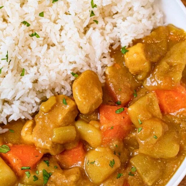 Chicken curry in a dish with rice