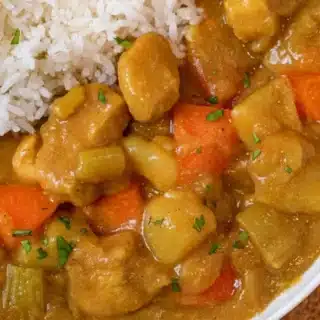 Close up of curry and rice in bowl