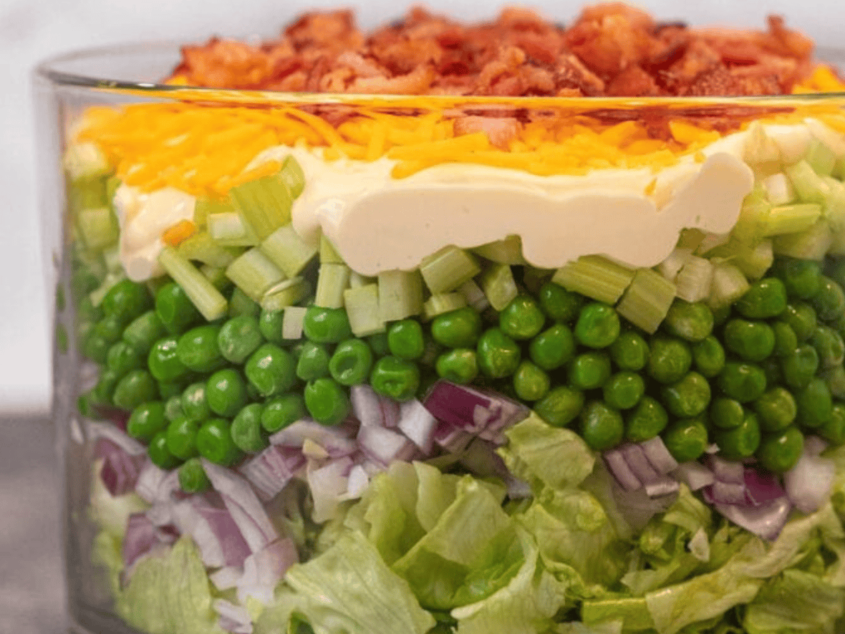 side view showing layers of salad