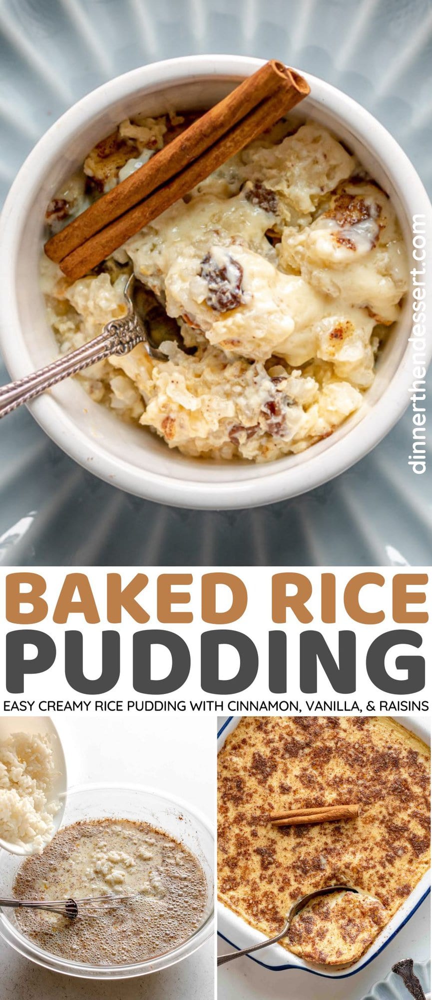 Baked Rice Pudding preparation and finished pudding collage