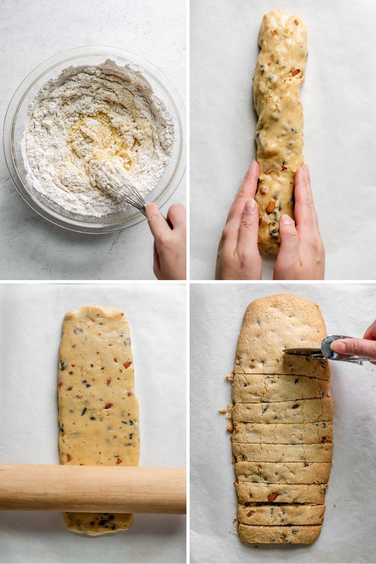 Cherry Almond Biscotti preparing, shaping and cutting dough collage in four frames