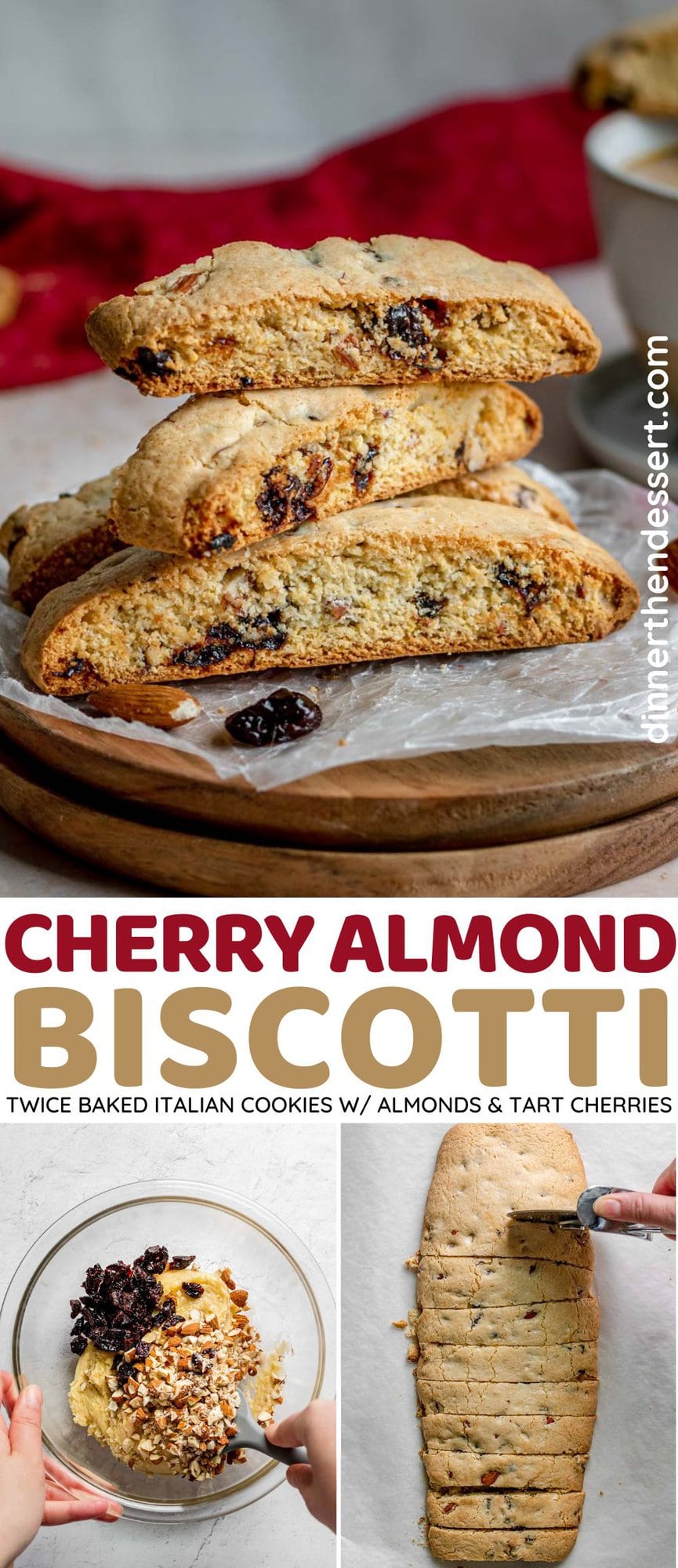 Cherry Almond Biscotti cookies stacked on plate and preparation collage