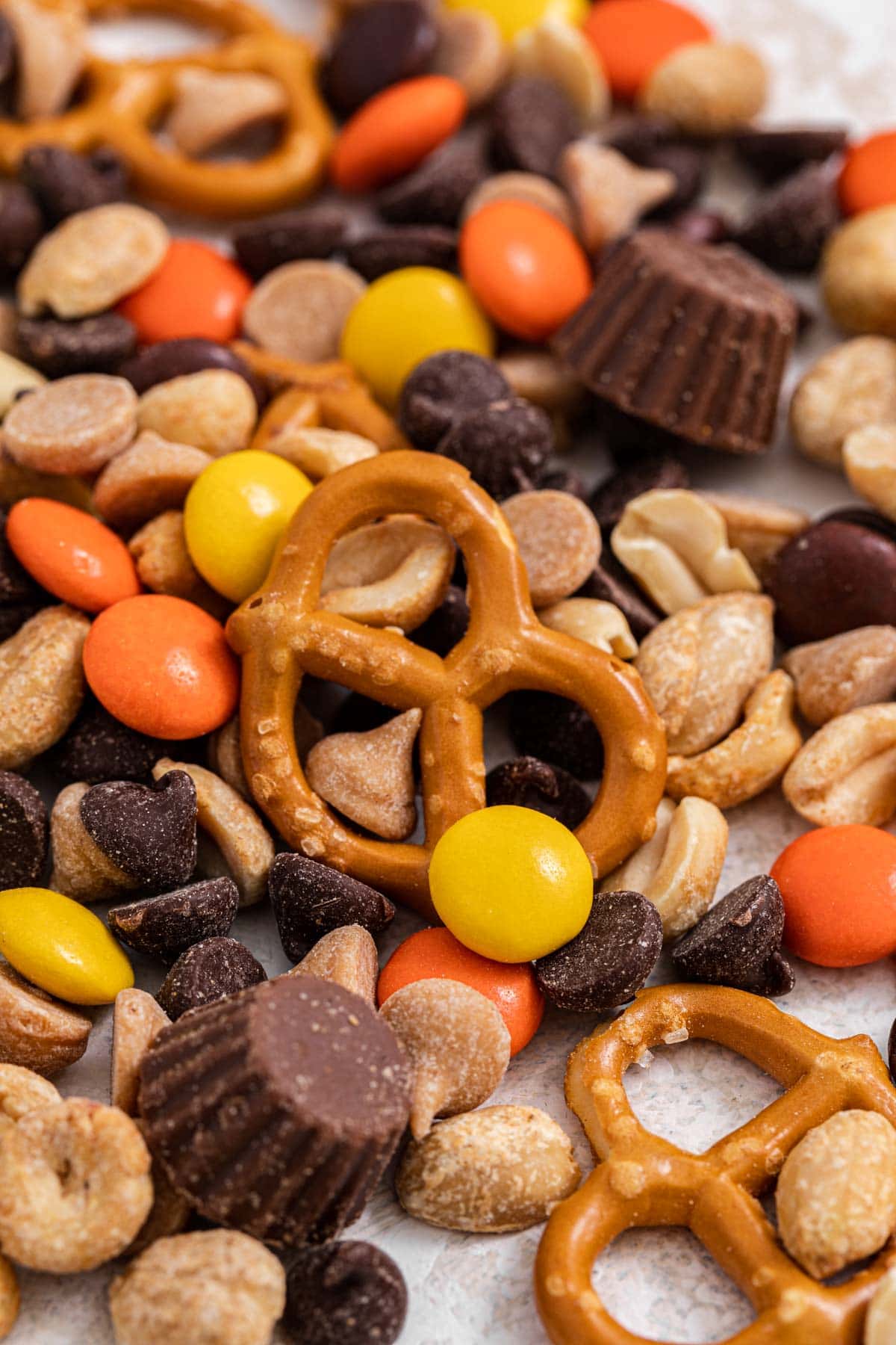Chocolate Peanut Butter Trail Mix combined close up view