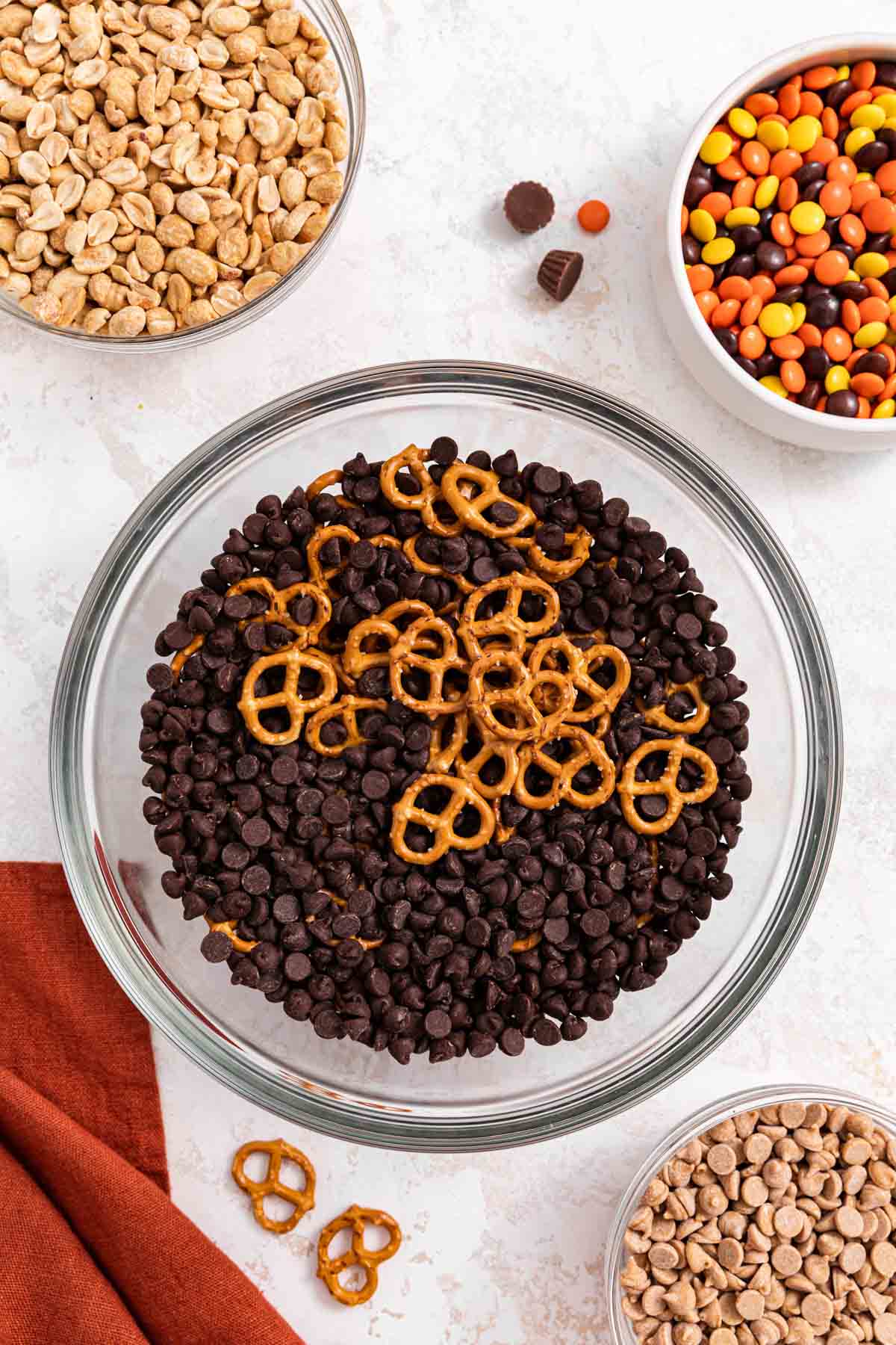Chocolate Peanut Butter Trail Mix ingredients in large bowl before mixing