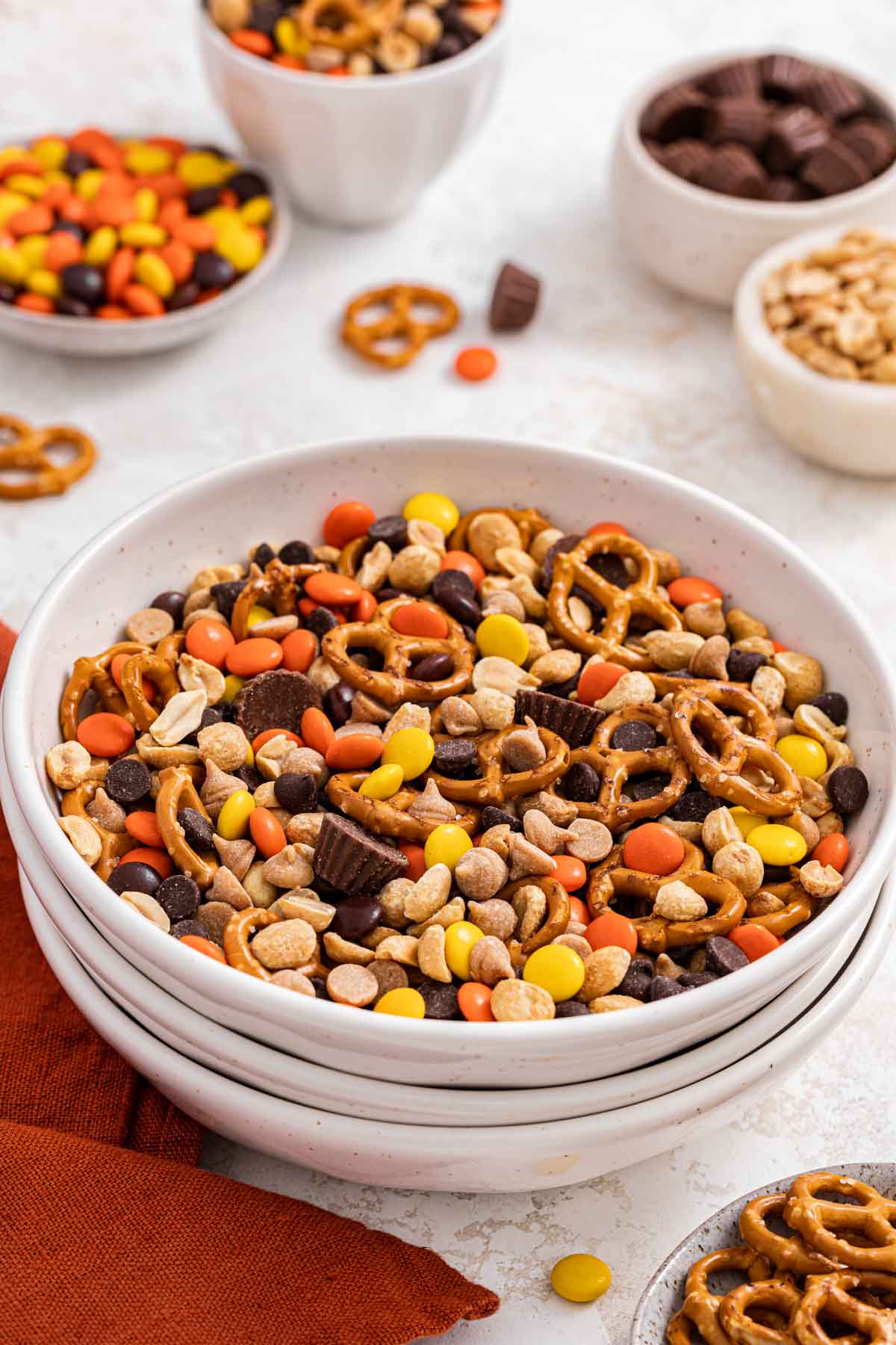 Chocolate Peanut Butter Trail Mix combined in white bowl