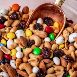 Classic Trail Mix old fashioned candy scoop in bowl with trail mix