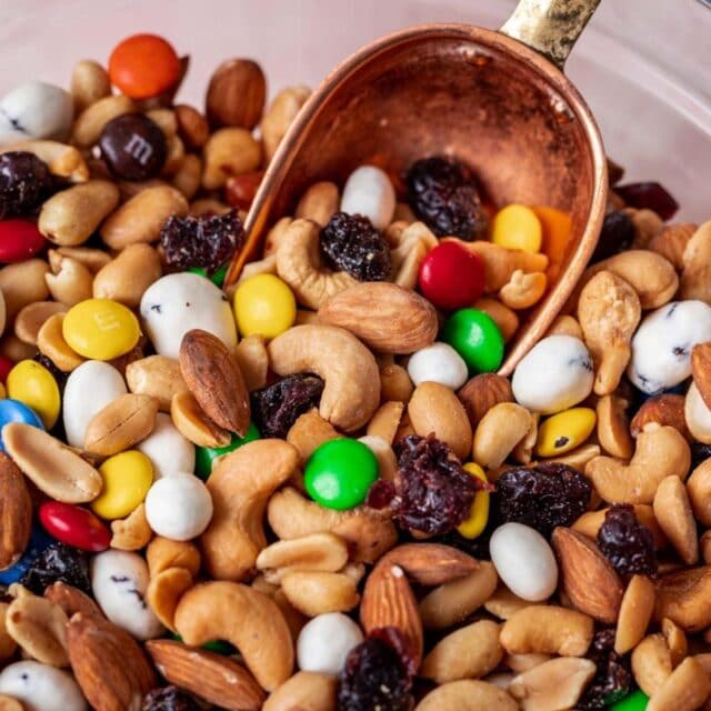 Classic Trail Mix old fashioned candy scoop in bowl with trail mix