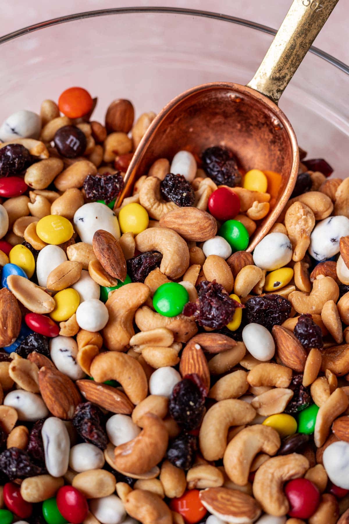 Classic Trail Mix old fashioned candy scoop in bowl with trail mix