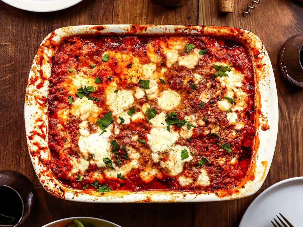 baking dish with marinara, cheese, seasonings and garnishes