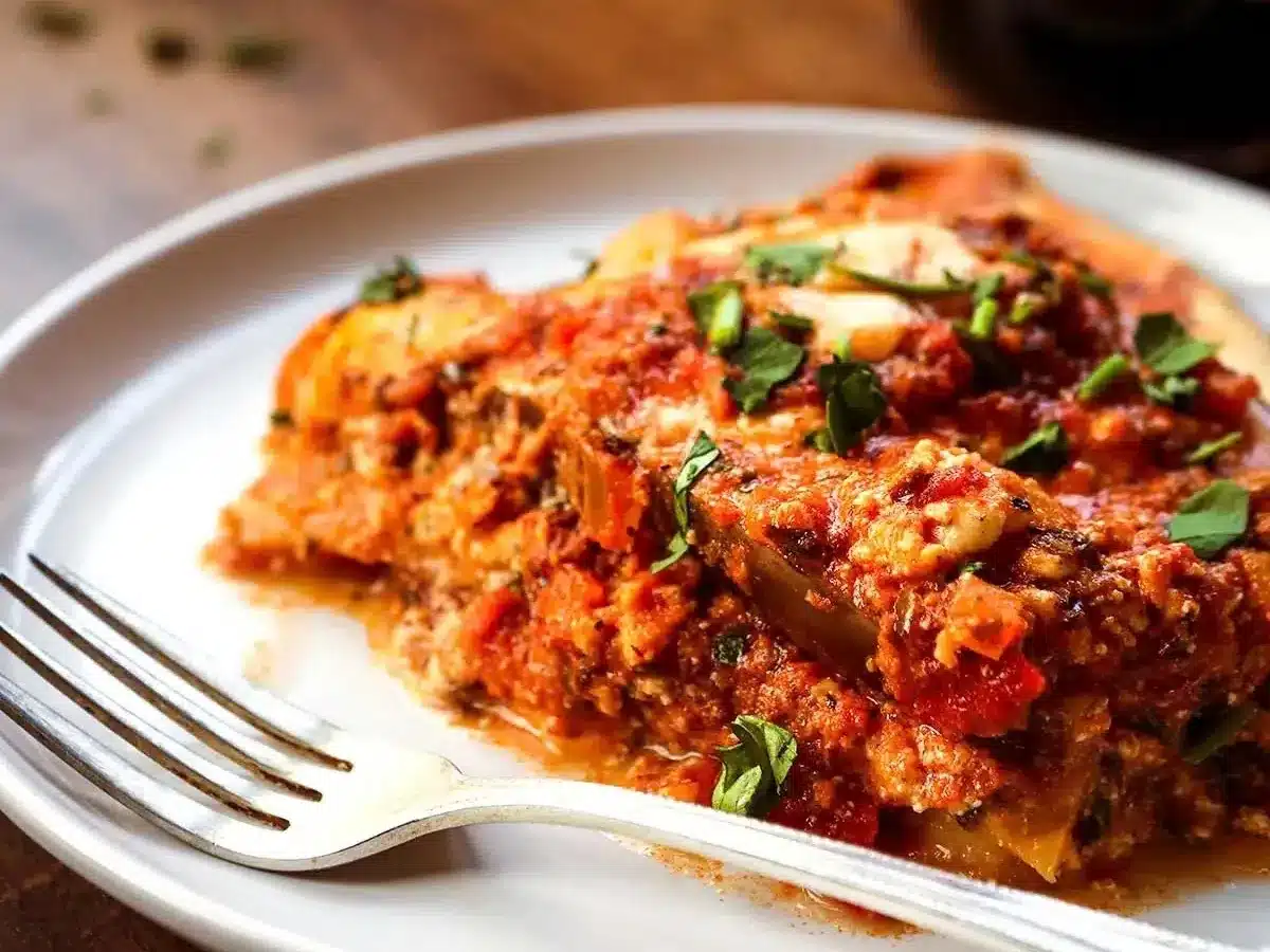 slice of bake on plate with fork
