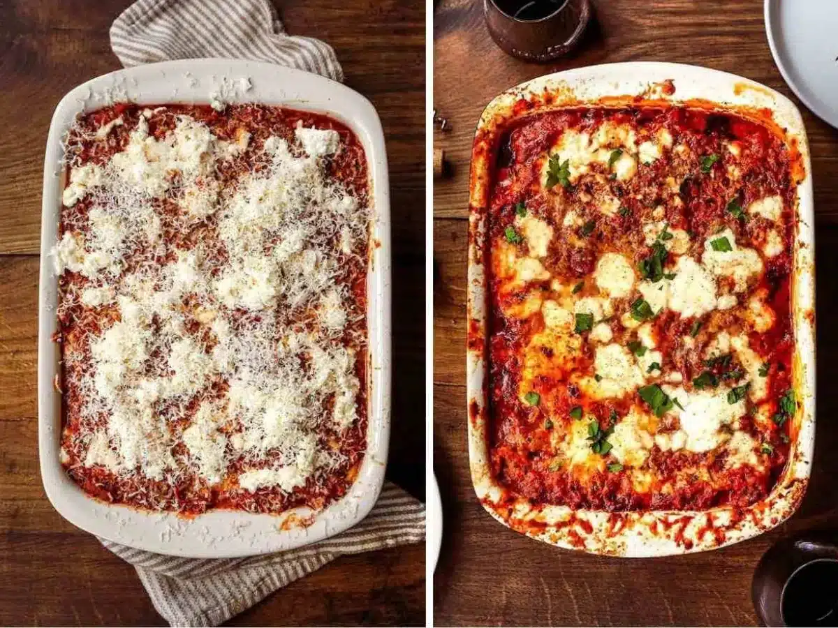 collage of pre cooked meal and cooked meal in baking dish