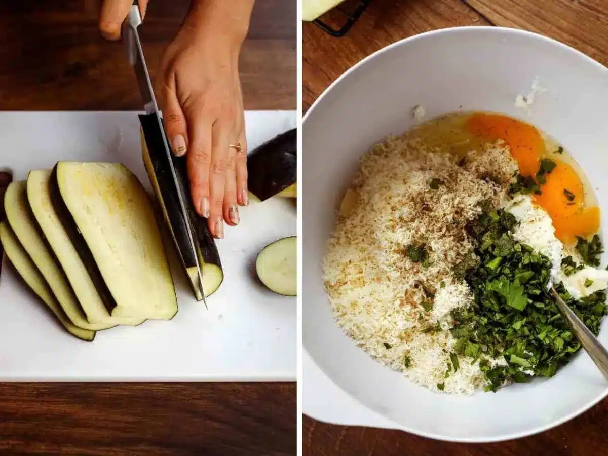 collage of slicing up eggplant and mixing other ingredients into a bowl