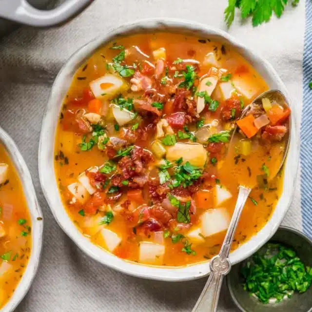 Served soup in a bowl ready to eat