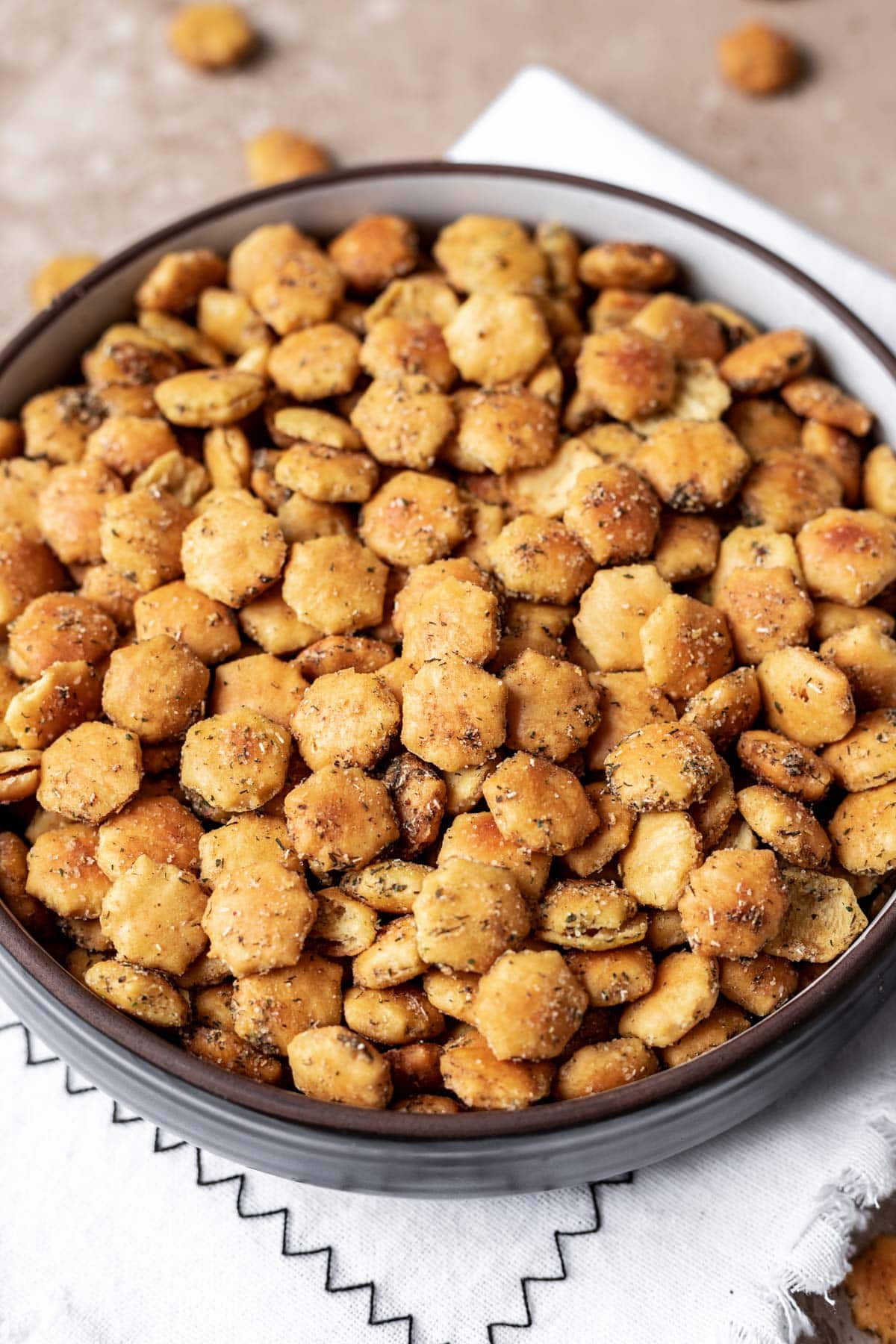 Ranch Oyster Crackers seasoned and baked in a large bowl