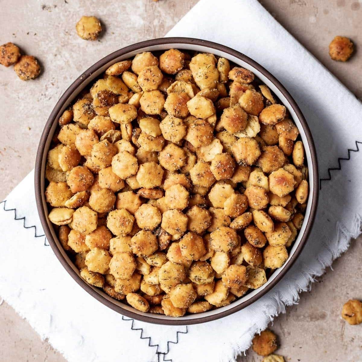 Ranch Oyster Crackers seasoned and baked in a large bowl