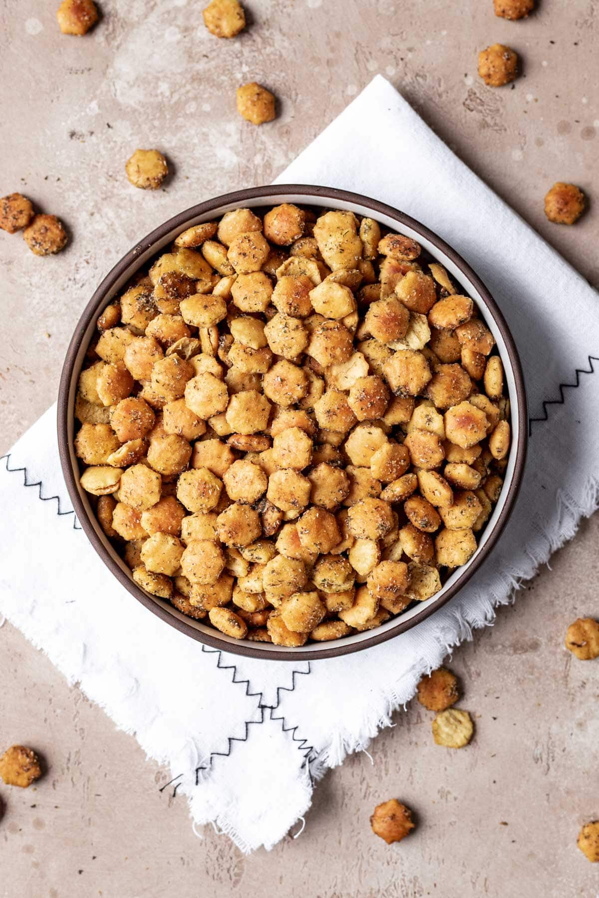 Ranch Oyster Crackers seasoned and baked in a large bowl