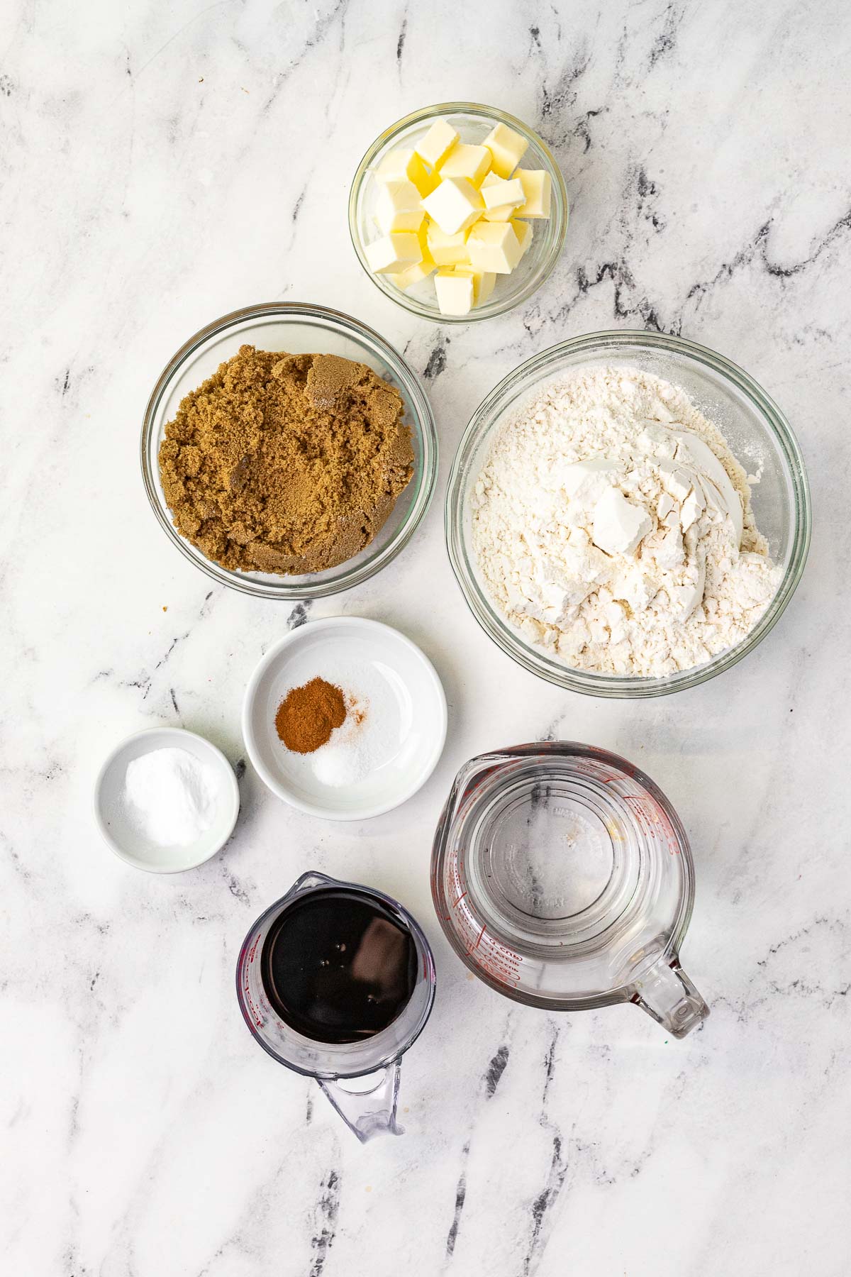 Shoofly Bread Ingredients in separated in bowls