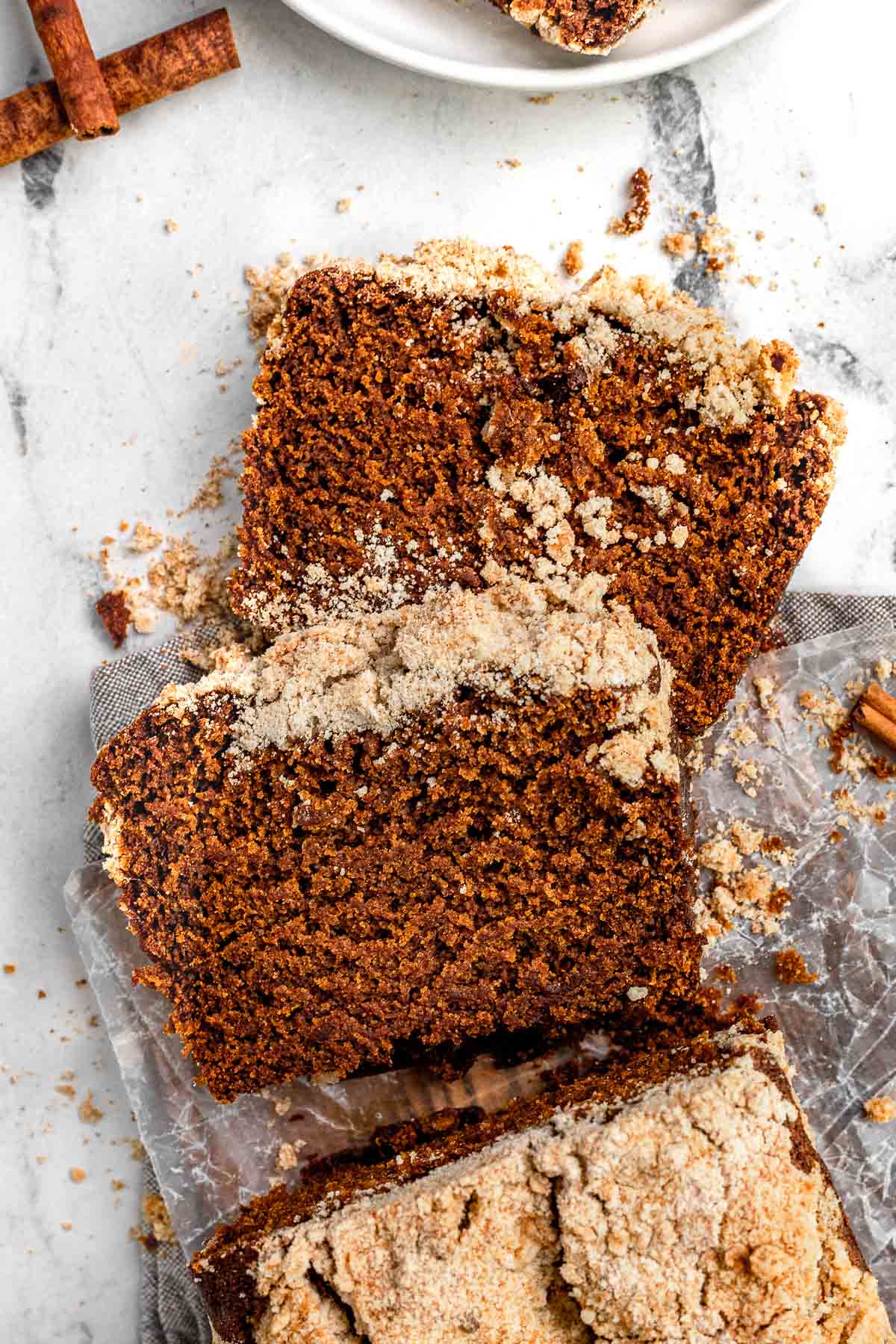 Shoofly Bread baked slices laying on counter, top down view