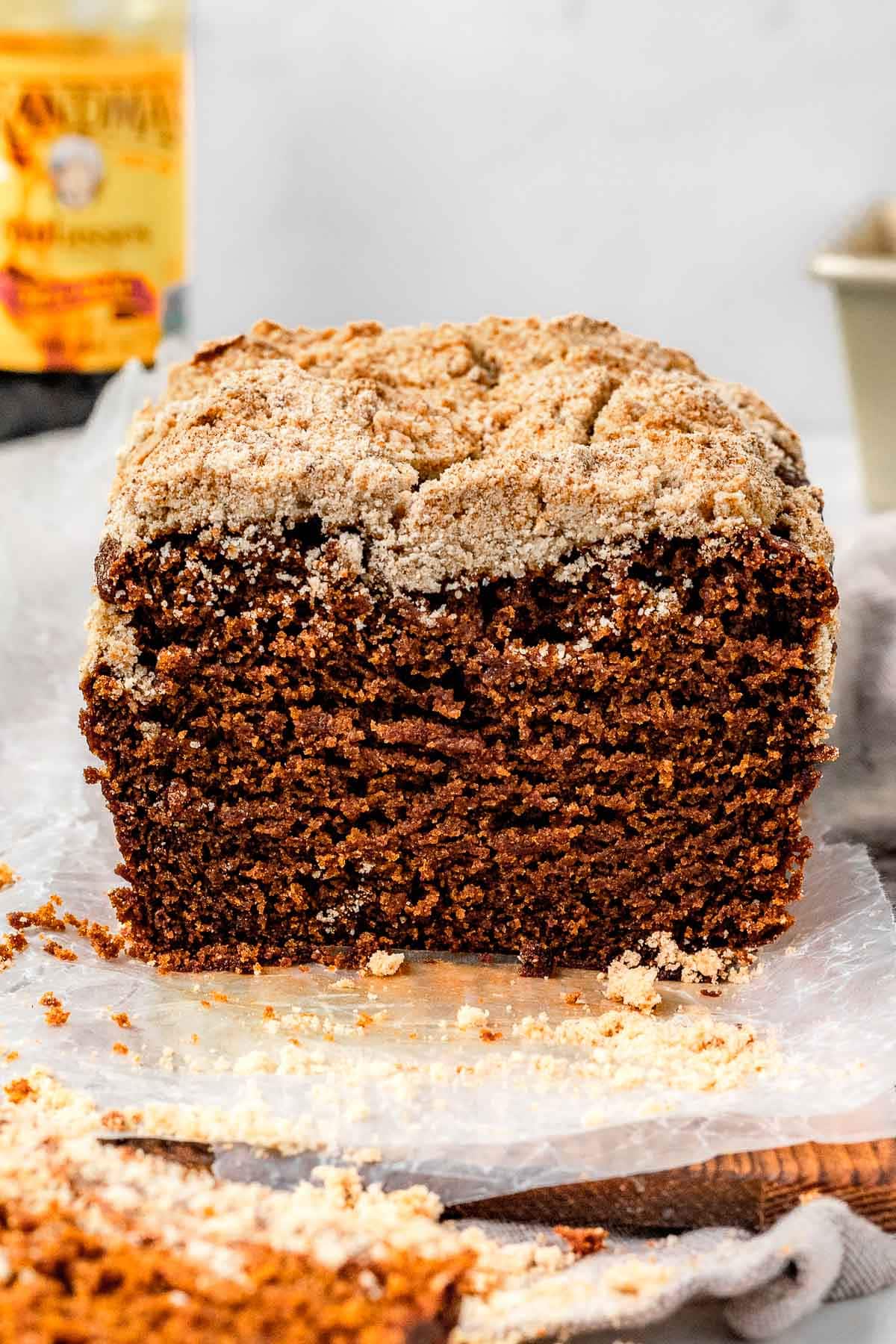 Shoofly Bread baked loaf with slice removed, side view