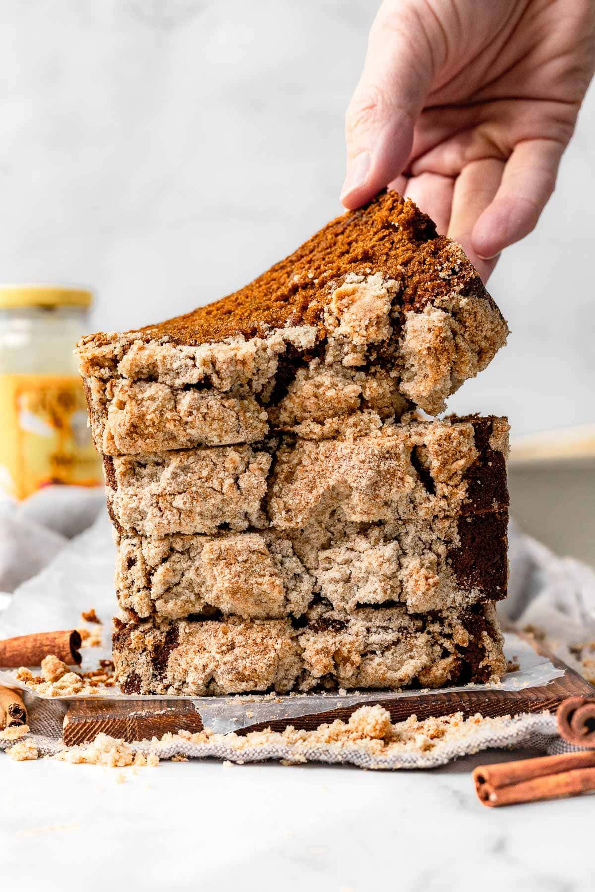 Shoofly Bread baked slices stacked on each other, lifting top slice