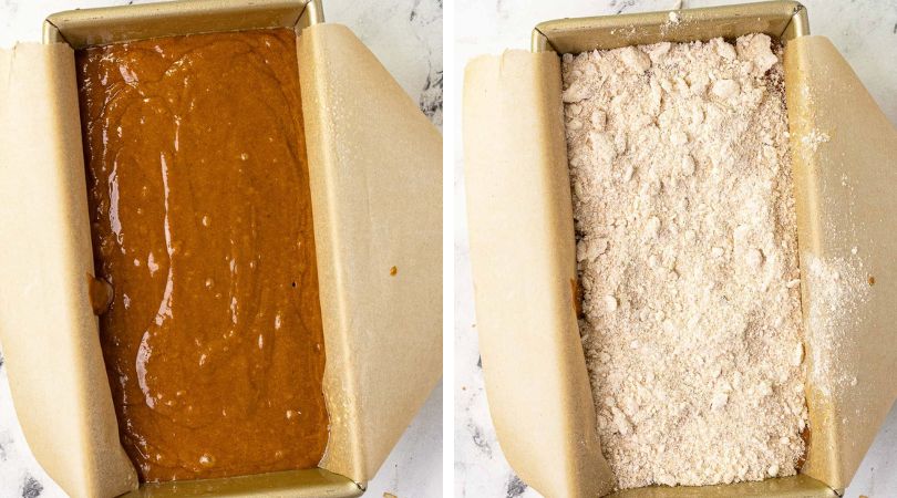 Shoofly Bread batter in loaf pan before baking with and without crumb topping collage