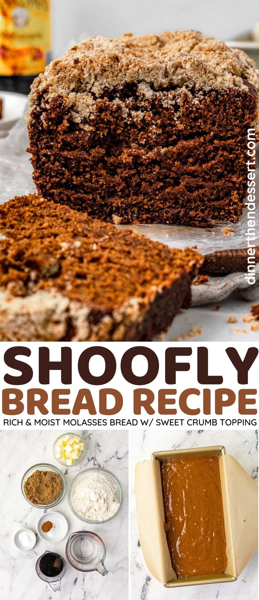 Shoofly Bread baked and sliced, slice sitting next to loaf and preparation collage