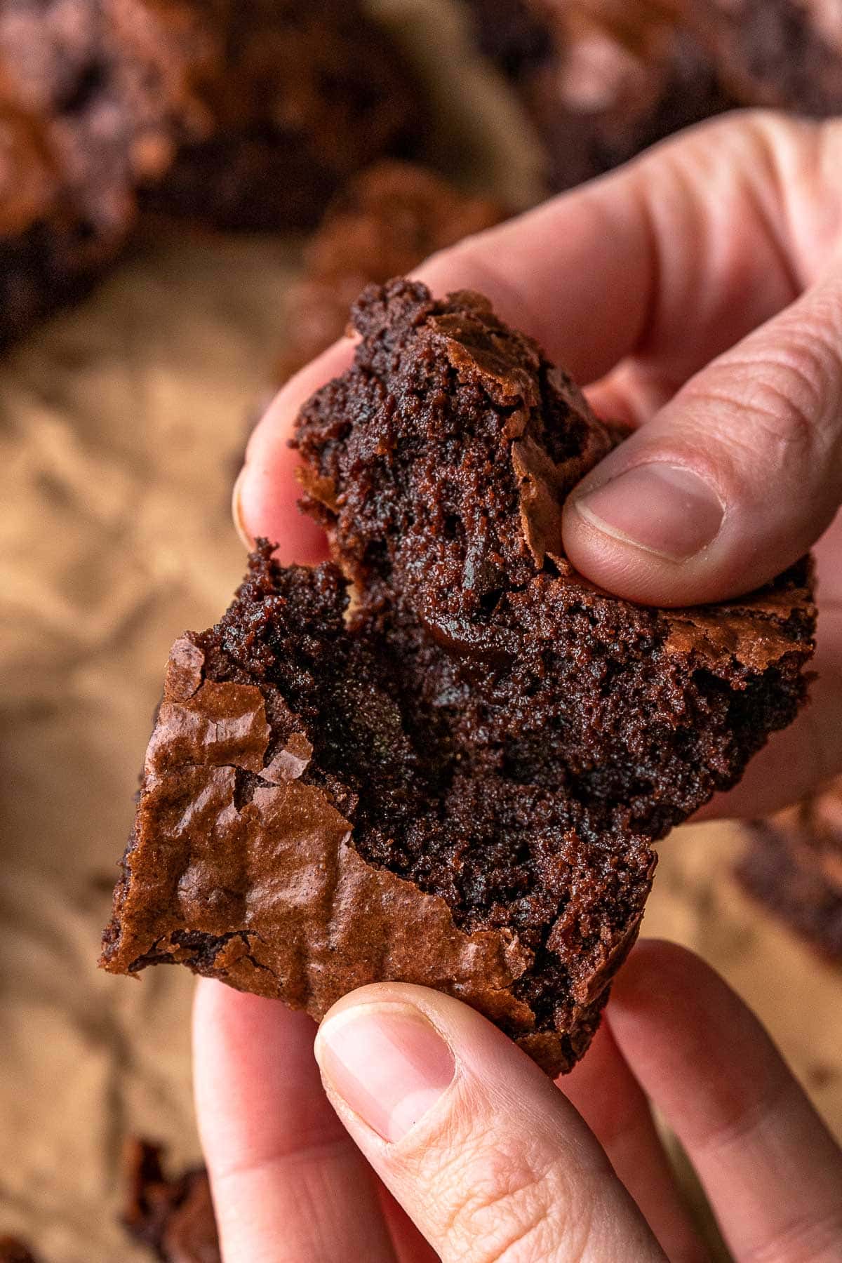 Super Rich Chocolate Brownie holding brownie and breaking in hafl