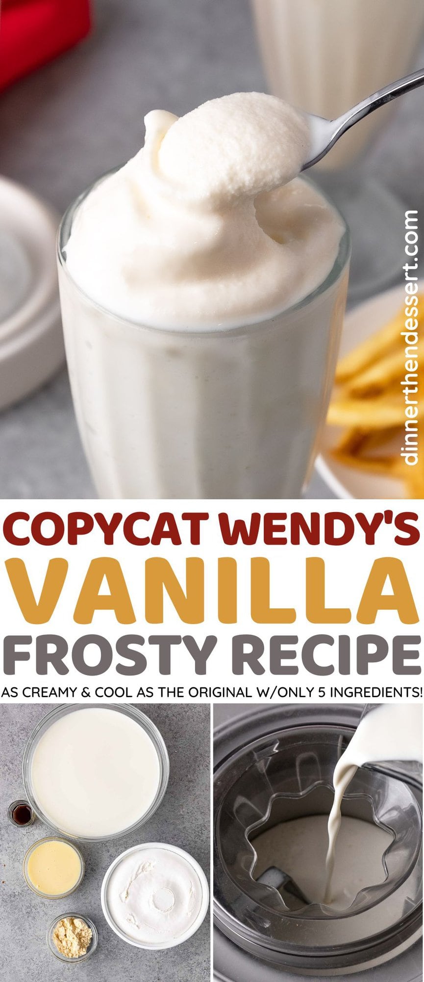 Wendys Vanilla Frosty in a milkshake glass with a spoon and preparation collage