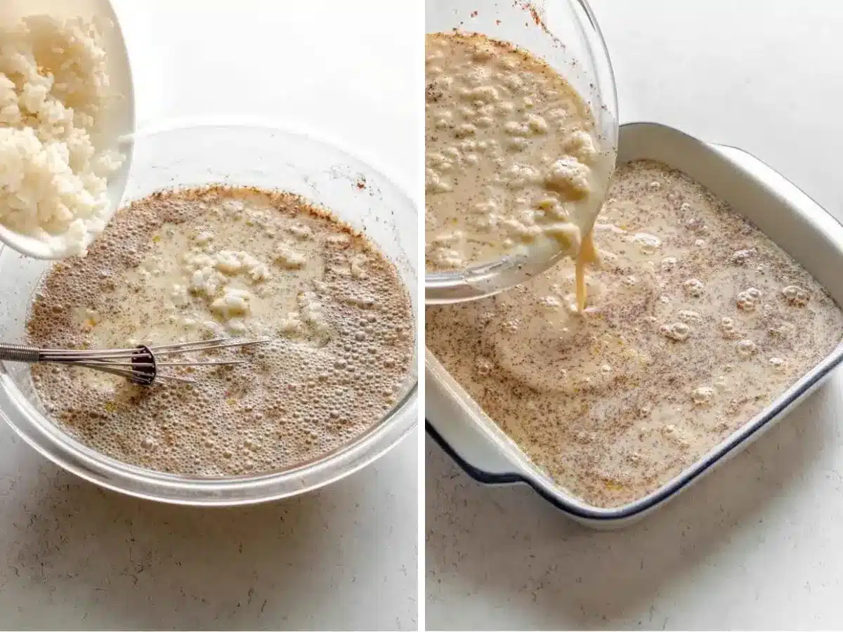 mixing the pudding and preparing to bake collage