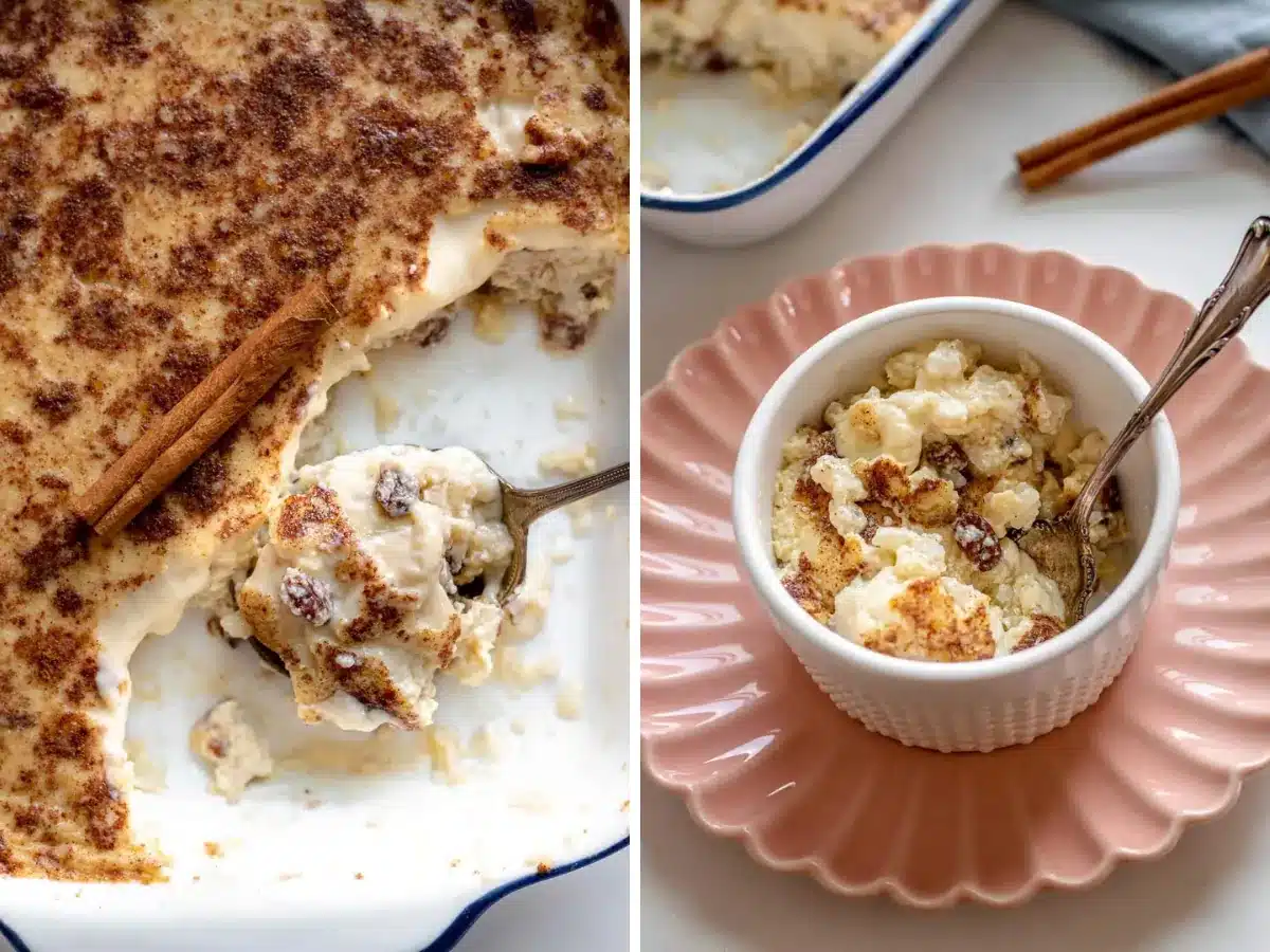 taking pudding from dish and pudding in bowl collage