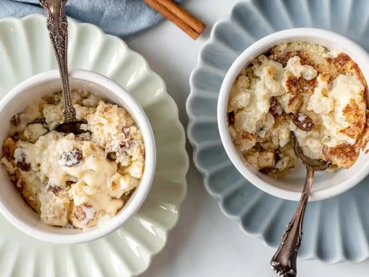 top down view of two bowls of pudding