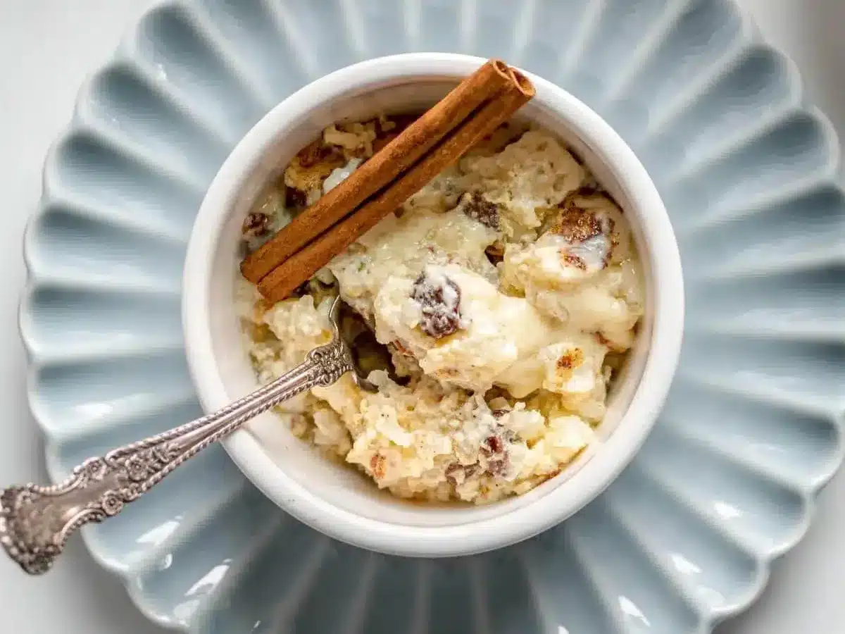 pudding in a dish with a spoon