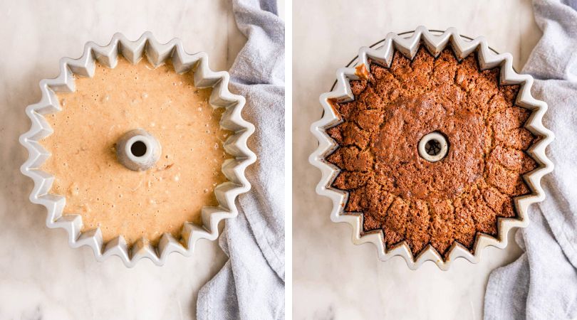 collage of the batter in the bundt pan next to the fully baked cake in the bundt pan