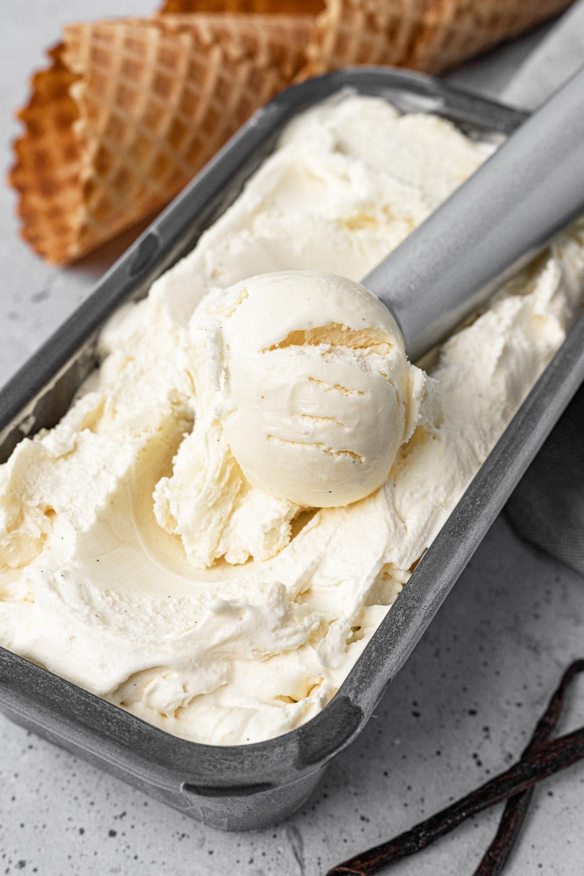 French Vanilla Ice Cream finished, scooping ice cream out of top