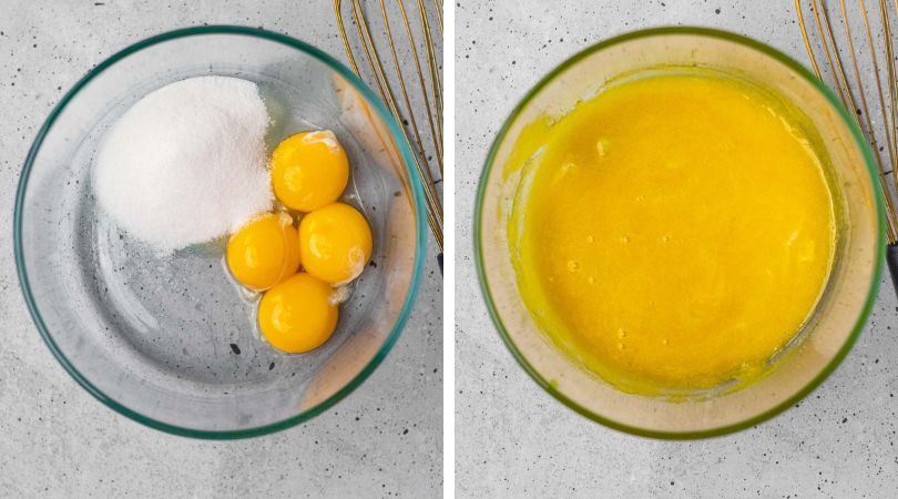 French Vanilla Ice Cream two panel collage, egg yolks and sugar in bowl before and after mixing