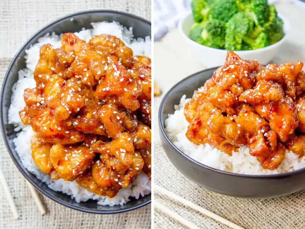 Collage of top view of chicken and in bowl with broccoli in background