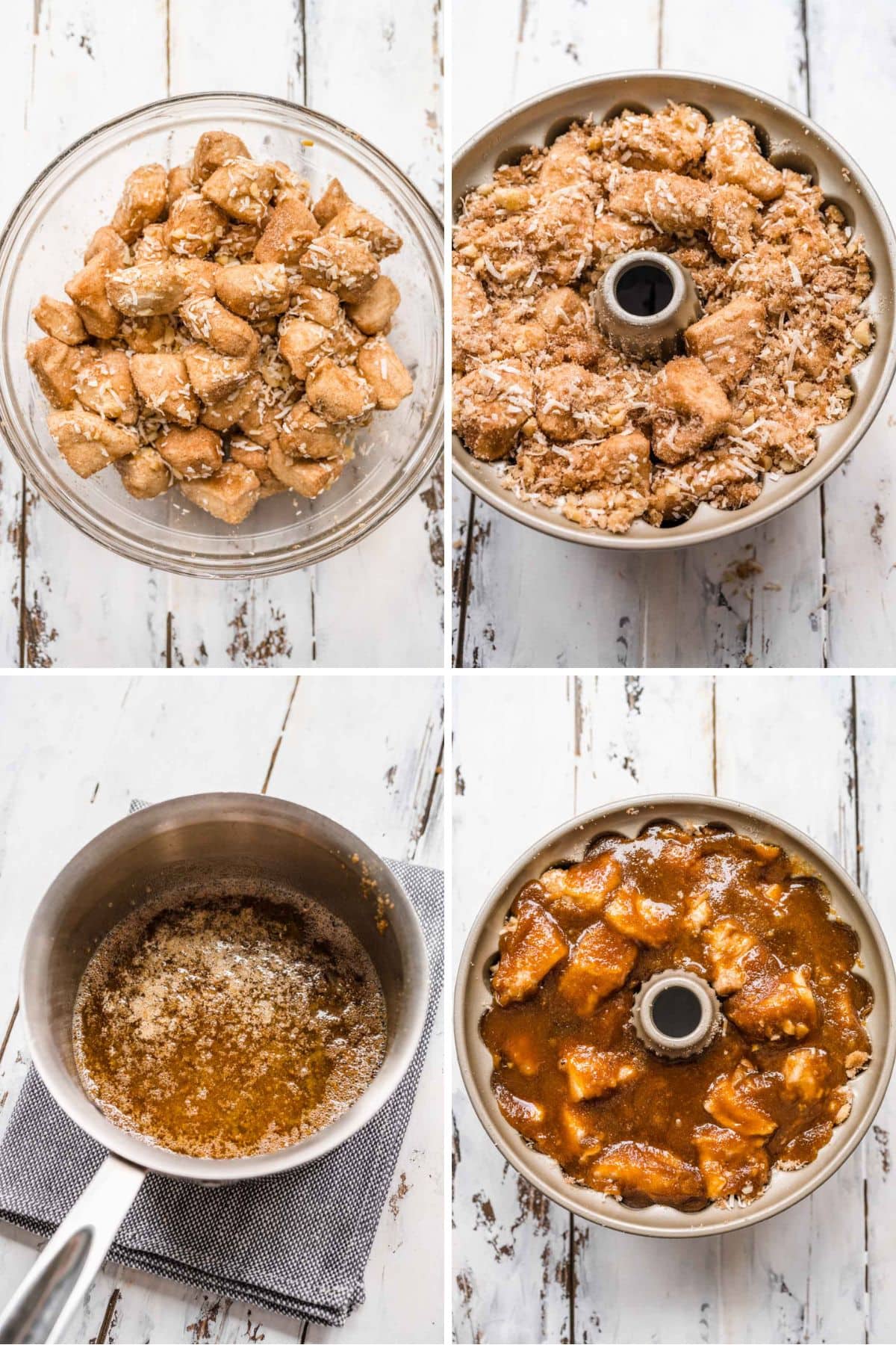 Hawaiian Monkey Bread four panel collage of preparation steps from dough in bowl with coconut, dough in pan, caramel sauce in pan, and assembled in pan with caramel on top