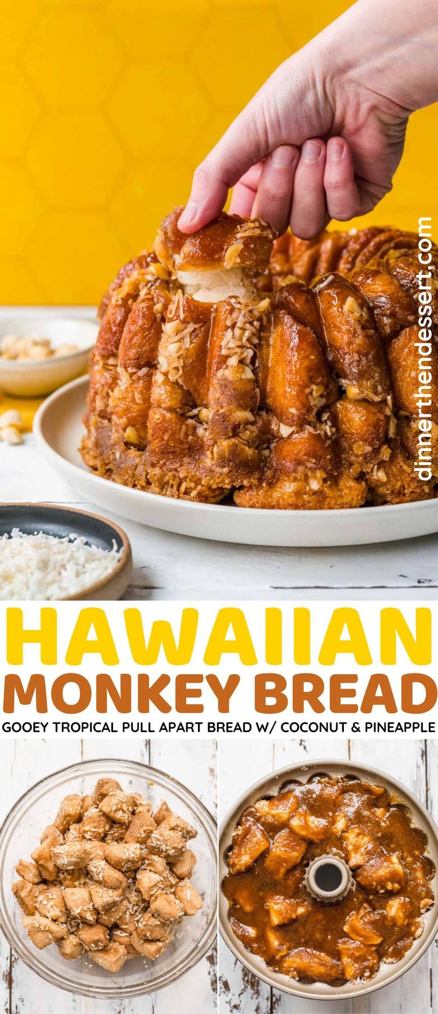 Hawaiian Monkey Bread finished on plate with coconut shreds and macadamia nuts in small bowls next to plate, hand pulling piece off top, and 2 panel preparation collage at bottom