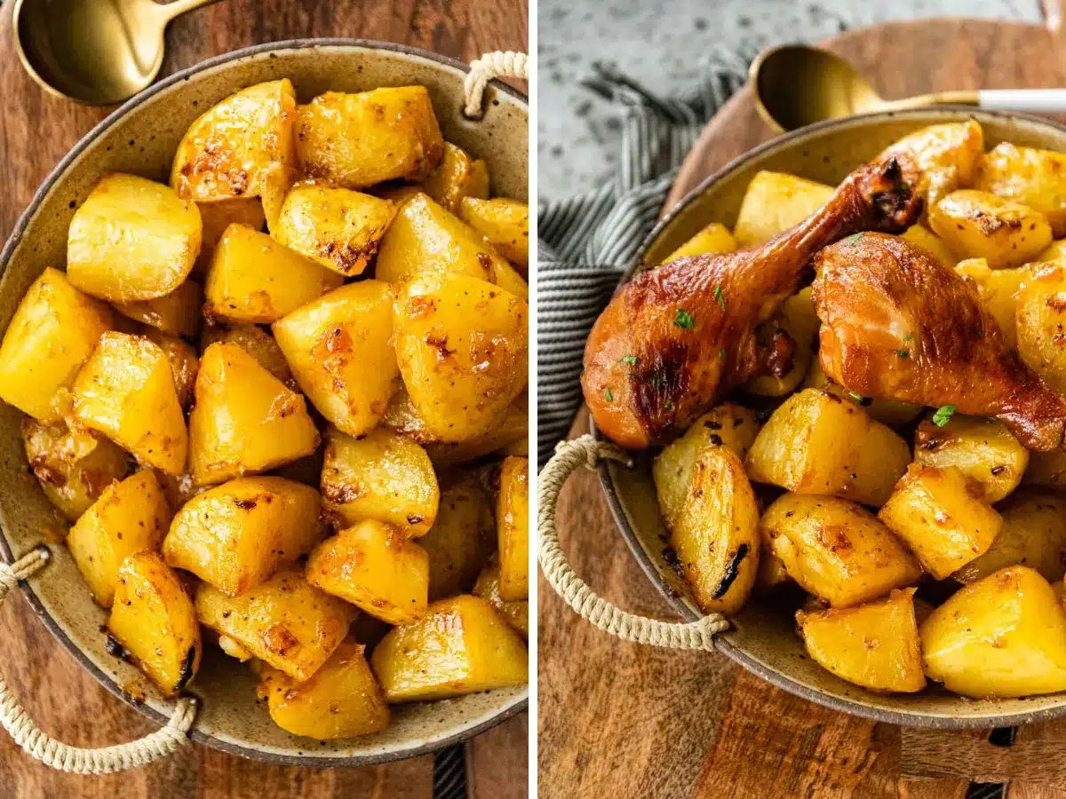 Collage of cooked vegetables in bowl with and without chicken
