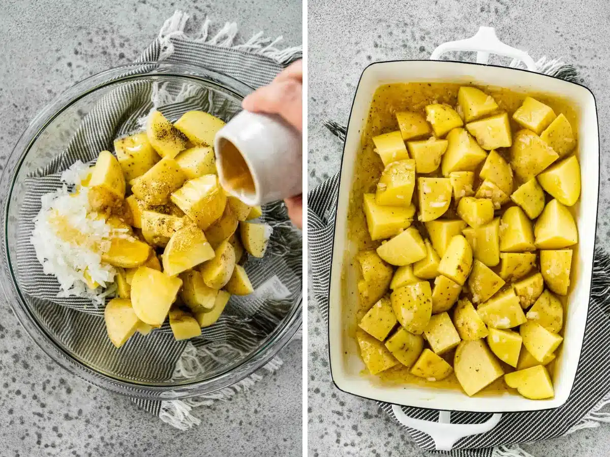 mixing ingredients and adding to cooking dish collage 