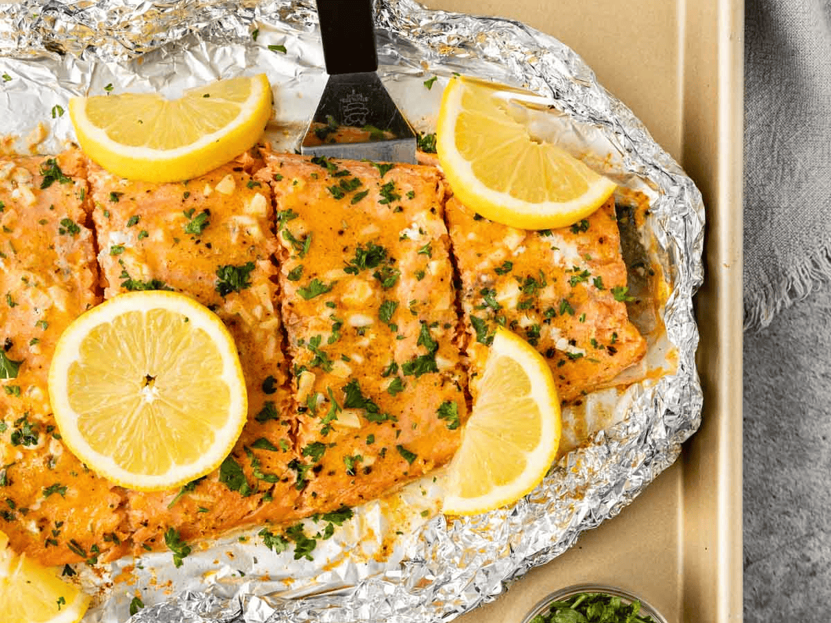 Seafood baked on baking sheet