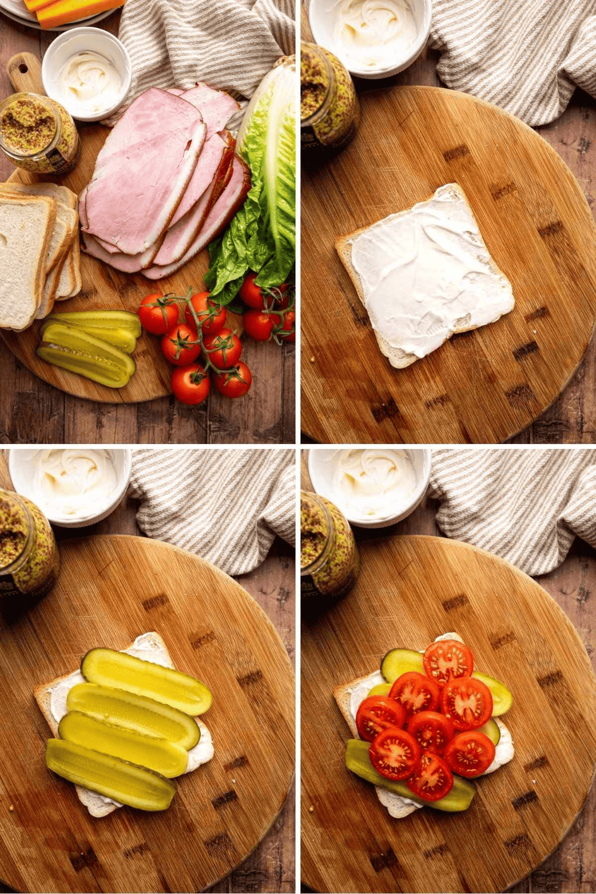 Collage adding mayonnaise, pickles, and tomatoes