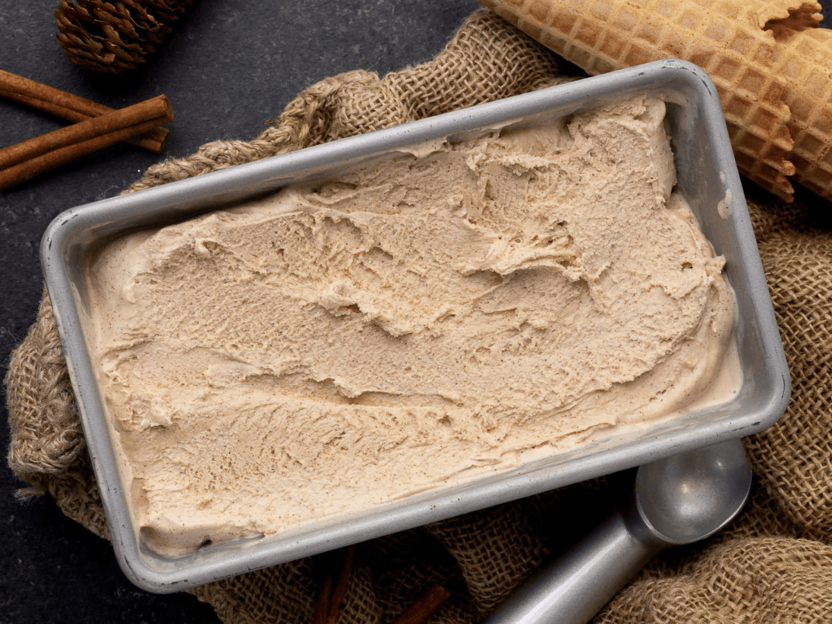 spiced ice cream in metal ice cream container