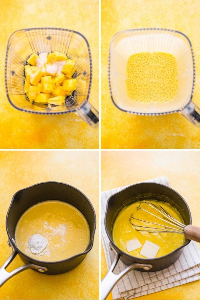 Collage blending and cooking pineapple mixture