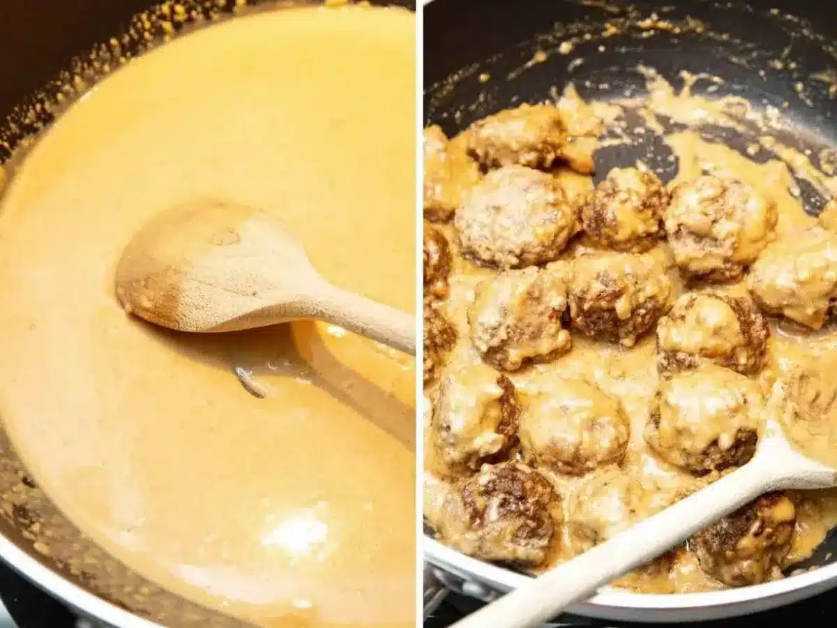collage of sauce being mixed and meatballs added to sauce